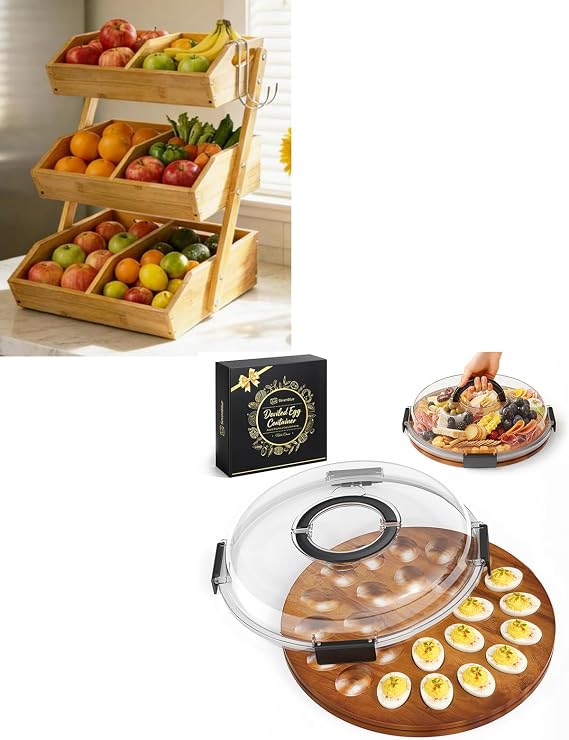 Easter Acacia Wood Deviled Egg Containers with Lid, 3 Tier Large Bamboo Fruit Basket