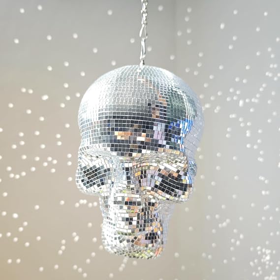 Disco Ball Skull Head, Holiday Hanging Skeleton Decor, 6x6x8inch, Silver