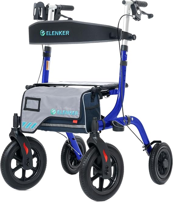 ELENKER All-Terrain Rollator Walker with Seat, Outdoor Rolling Walker, 12 Non-Pneumatic Tire Front Wheels, Compact Folding Design for Seniors, Blue