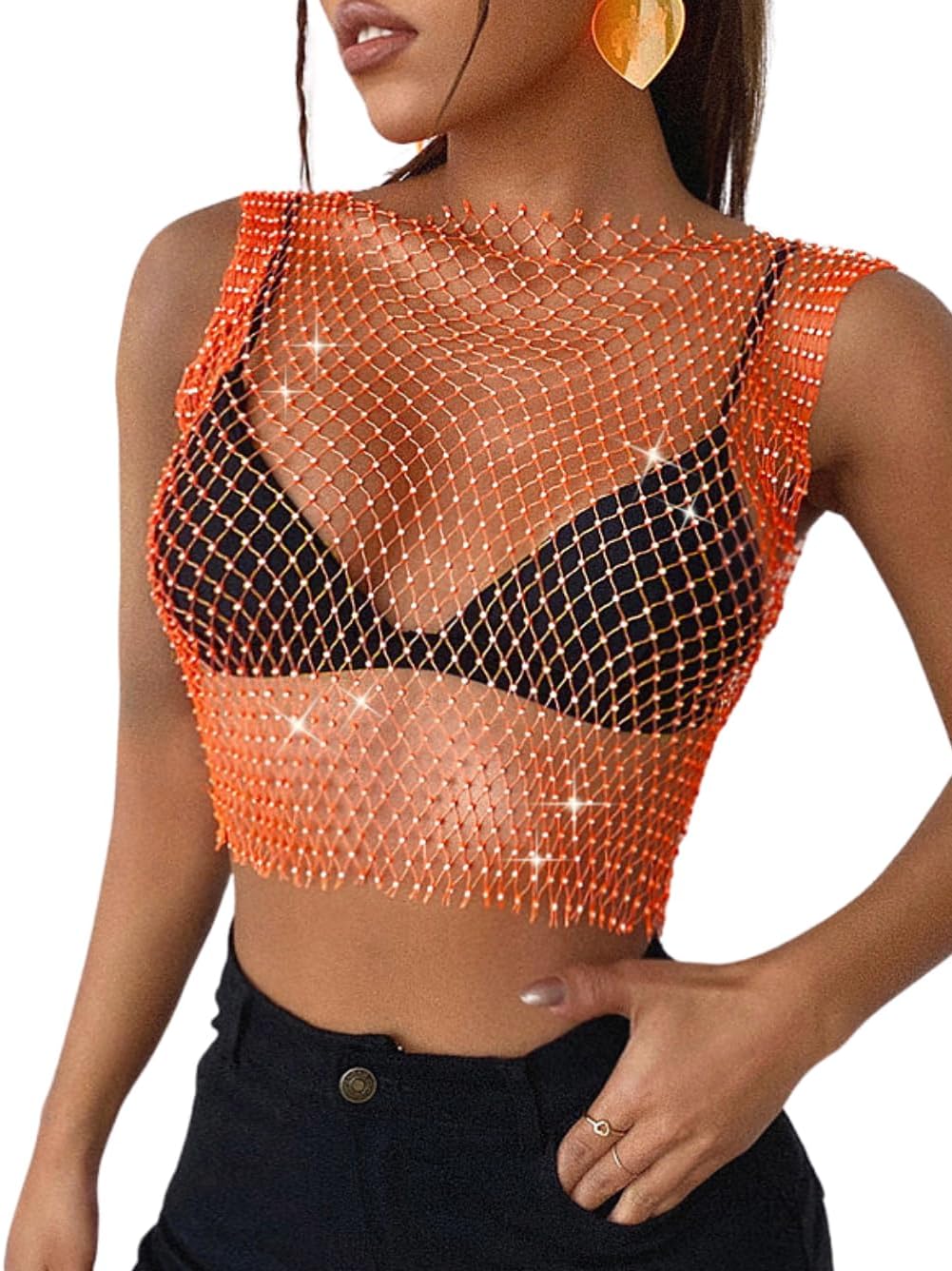 Iridescent Rhinestone Crop Top, Rave Concert Festival Outfits Women, Sexy Sparkly Fishnet Tanks, Sheer Mesh Shirt