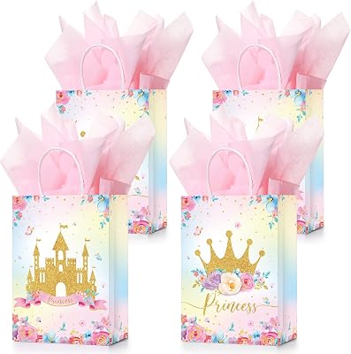 Nezyo 16 Pcs Princess Prince Party Favor Bags with Handles & Tissue Paper Prince Princess Candy Treat Goodie Gift Bags for Birthday Baby Shower Party FavorsPink Crown and Castle