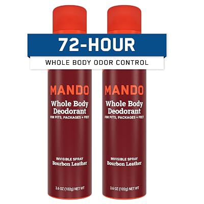 Mando Whole Body Deodorant For Men - Invisible Spray Deodorant - 72 Hour Odor Control - Low Irritation Formula - Aluminum Free, Benzene Free - 3.6 ounce Cans Pack of 2 - Bourbon Leather
