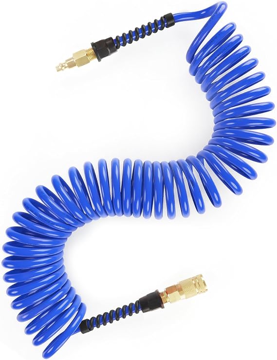 Keepro Polyurethane Recoil Air Hose, 1/4 Inch ID By 25 Feet Long Air Compressor Hose with Repairable Solid Brass 1/4" Industrial Quick Coupler and Plug, 145 PSI Maximum Pressure, Blue