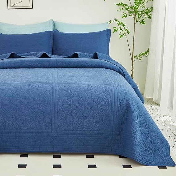 WINLIFE 100% Cotton Quilt Set Queen Size Navy Embroidery Pre-Washed 3-Piece Bedspread Coverlet Set, Cozy Lightweight Matelasse Decorative Bedding with 2 Shams for All Season
