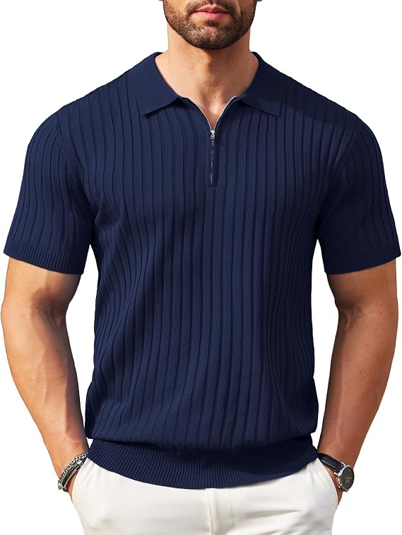 COOFANDY Men's Quarter Zip Polo Shirt Short Sleeve Ribbed Knit Golf Tee | Collared, 1/4 Zip, Textured, Casual, Business Shirt Lightweight, Breathable, Elastic T Shirt for Men