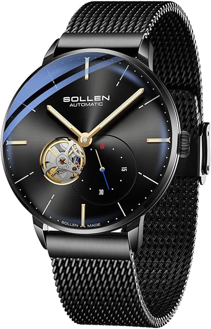 Black Men's Skeleton Watches, Stylish Minimalist Automatic Mechanical Watches, 30M/3ATM Waterproof Cool Self-Winding Watch with Luminous Hands & Seconds Subdial, Casual Fashion Business Luxury Watch for Daily Use - 42mm