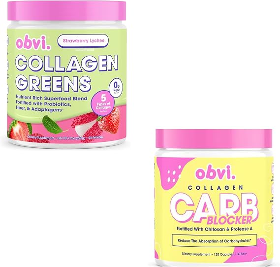 Obvi Collagen Greens and Carb Blocker | Organic Greens Superfood Powder with Collagen Peptides | Probiotics for Gut Health, Skin, Hair, Nails| Curb Appetite, Block Carb Absorption, White Kidney Bean
