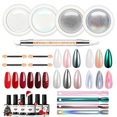 Modelones Gel Nail Polish Set With Chrome Powder - 6 Colors Gel Polish, Glitter, Burgundy, Sparkle, Bloody Red Christmas Nail Art - Manicure DIY Salon Gifts