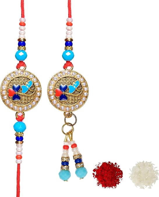 Rakhi for Brother and Bhabhi | Set of 2 Rakhi for Bhaiya Bhabhi with Roli Chawal and Card