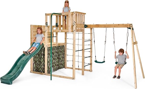 Plum Wooden Swing Sets for Backyard, Outdoor Toddler Slide, Playground Playsets, Monkey Bars, Jungle Gym, Swings, Rock Climbing Wall for Kids, Trapeze, Metal Ladder, Weatherproof, Durable, Age 3+ (XL)
