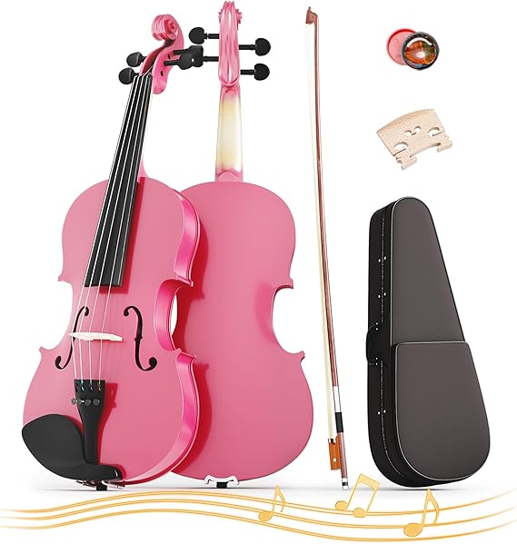 4/4 Full Size Beginner Violin, Acoustic Fiddle Set for Adults, Teens, and Students (Age 12+), with Case, Bow, Bridge, and Rosin (Pink)