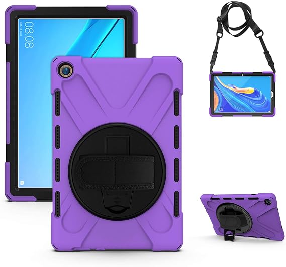 Case for Huawei MediaPad M5 10.8" & Huawei MediaPad M5 Pro 10.8", Heavy Duty Shockproof Rugged 3 Layer Kids Durable Case with 360 Swivel Kickstand, Shoulder Strap & Hand Strap (Purple)