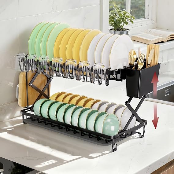 Glovv 2-Tier Collapsible Dish Drying Rack, Large Dish Racks for Kitchen Counter, Dish Drainer Sink Organizer with Utensil Holder for Dishes, Spoons and Forks, Black