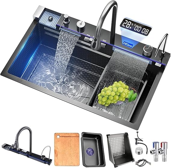 Kitchen Sink, 304 Stainless Steel Waterfall Sink, Multifunctional Integrated Embedded Sink Workstation, Desktop Control, Piano Key Water Outlet, Temperature Display, Black (Size : 68 * 46 *