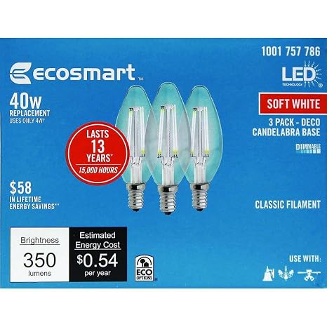 Ecosmart 40W Equivalent Soft White B11 Dimmable Filament LED Light Bulbs 3-Pack