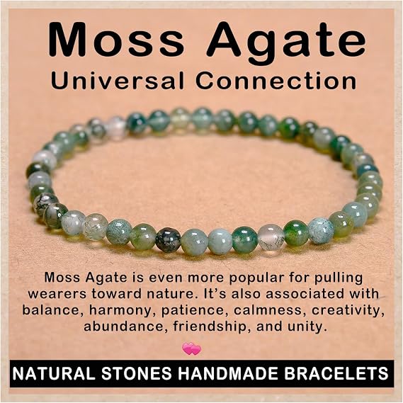 AD Beads Handmade Gemstone Stretch Elastic Bracelet Crystal Healing Reiki Nature's Beauty and Spiritual Essence Unisex (4mm, Moss Agate (Universal Connection))