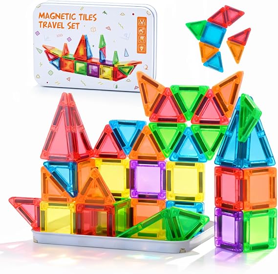 MAGBLOCK 48PCS Mini Magnetic Tiles with Storage Box for Kids 3+ | Travel Size Toys Magnetic Building Blocks Set, STEM Sensory Montessori Toys for Road Trip Essentials Airplane Car Activities