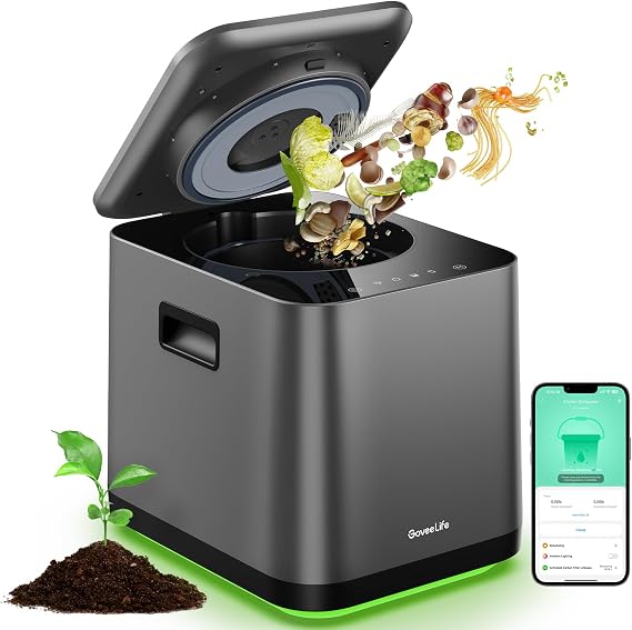 GoveeLife Upgraded Electric Composter for Kitchen, Smart Indoor Compost Bin | Turn Food Waste into Fertilizer, Odorless, Low Noise, Auto-Cleaning, Food Waste Compost Machine with LED Display