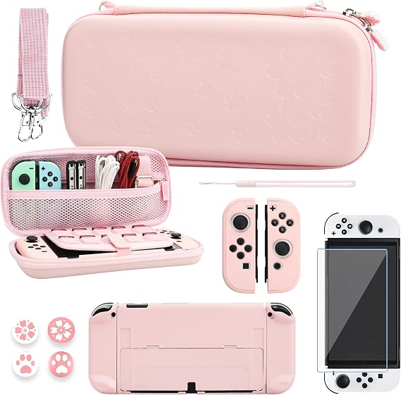 RHOTALL Cute Sakura Carrying Case Set for Nintendo Switch OLED,Pink Flower Accessories Bundle for Switch OLED with Hard Case, Screen Protector, 4 Thumb Caps, Wrist Band and Shoulder Strap