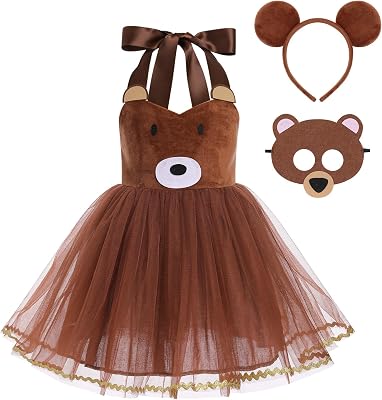 IWEMEK Bear Dress Toddler Bear for Girls Animal Tutu for Girls Animal Brown Bear Kids Bear Ears Headband Party Accessories Brown bear 7-8 Years