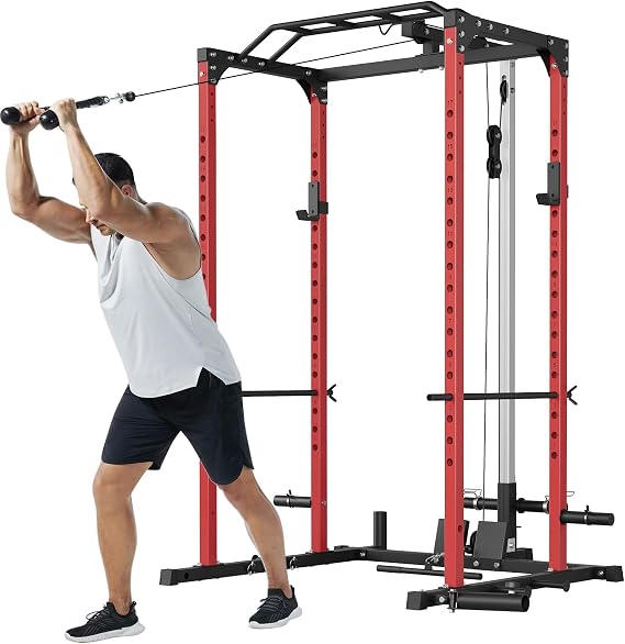 1200LBS Power Cage Squat Rack with Pulley System, Multi-Functional Home Gym Power Rack with LAT Pulldown, Dip Handles, j-Hooks & Landmine, Heavy Duty Weight Lifting Strength Training Equipment
