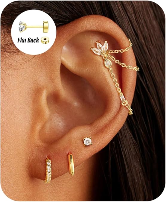 7Pcs Earring Stacks Cartilage Flat Back CZ Hoop Set For Women