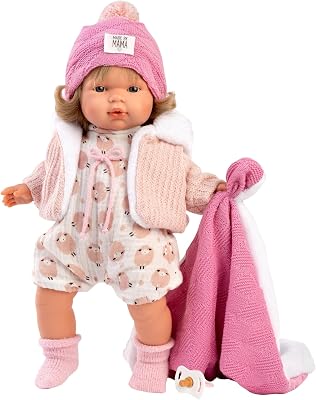 Llorens 1038572 Lola with grey eyes and blonde hair, soft body baby doll with knitted dress with hat and pink blanket, 38 cm