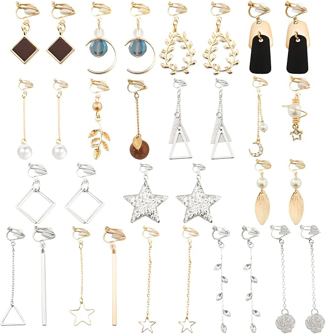 NEWITIN 16 Pairs Clip On Earrings for Women Non Pierced Stud Earring Set | Hypoallergenic, Cubic Zirconia, Gold Silver, Comfortable Charming, Crystal Pearl Knot Flower Studs, Fake Earrings for Women