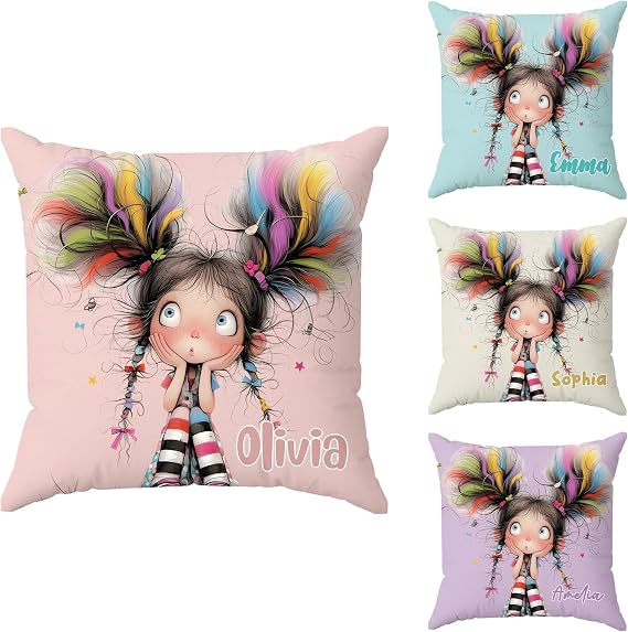 Personalized Cartoon Quirky Girl Pillowcase, Custom Pillow Cover with Name, Cute Cartoon Character Cushion Case for Kids, Decorative Pillows Cover for Sofa Bed Home Decor Color02