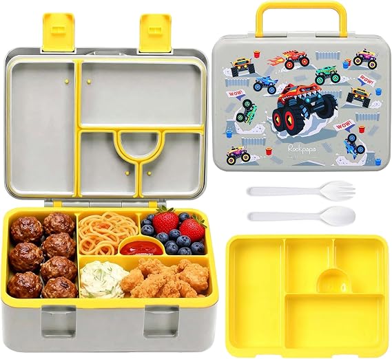 rockpapa 5.5 Cups Bento Lunch Box for Kids, 5-Compartment, Trucks