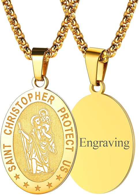 FaithHeart Personalized Custom Saint Christopher/Florian/Sebastian Necklace for Men, Stainless Steel/18K Gold Plated St Christopher Necklaces Religious Amulet Pendant Christian Gifts for Men