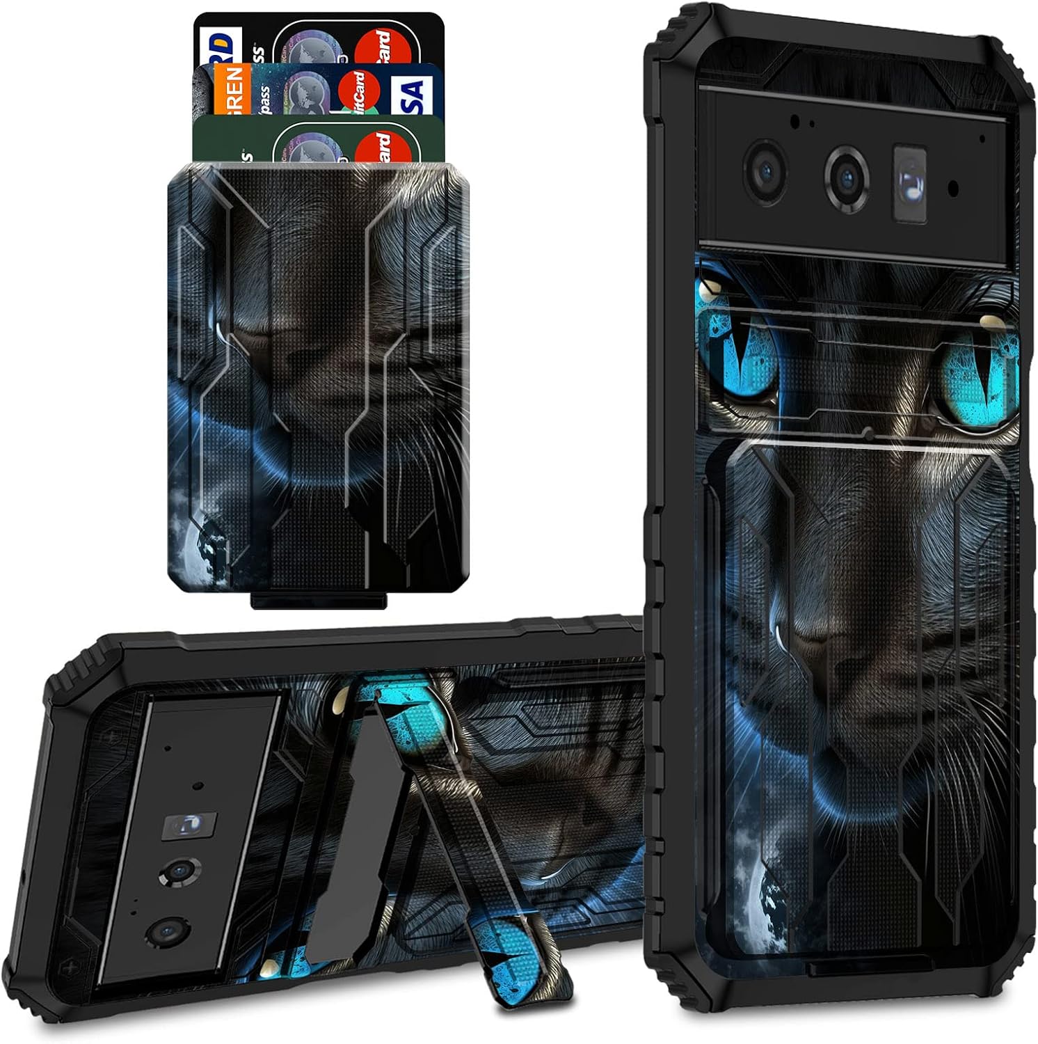 for Google Pixel 6 Case with Credit Card Holder & Kickstand Dual Layer Hard PC Soft TPU Protective Case for Google Pixel 6 6.4 inch 2021 - Cute Black Cat