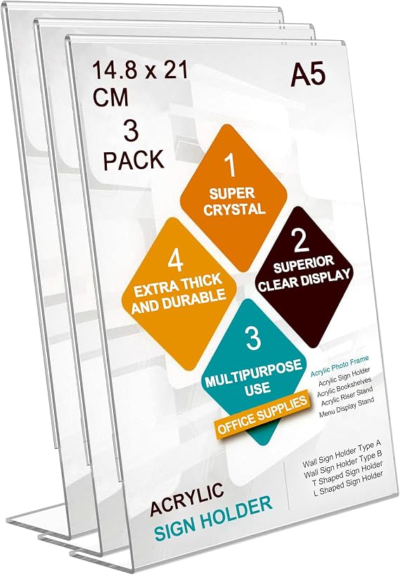 A5 Menu Holders, 3 Pack Acrylic Sign Holder L-Shaped Poster Display Stand