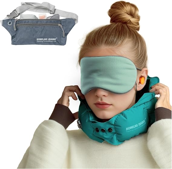 Inflatable Travel Pillow for Airplane, Inflatable Neck Pillow Airplane for Travel Office Nap Neck Support, Professional Green Sleeping Eye Mask and Highly Silent
