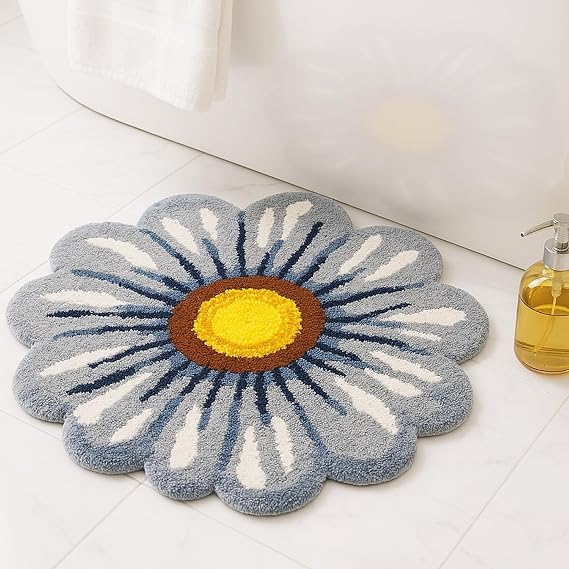 Gray Flowers Bath Rug, Floral Mat for Bathroom Cute Plant Non-Slip Floor Mats, Washable Microfiber Carpet for Living Room Home Fast Dry Area Rug