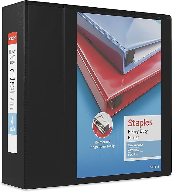Staples Heavy-Duty 4 Inch 3-Ring View Binders with D-Rings, Black, Four Interior Pockets, Large-Capacity Durable Office Binders, 2 Pack