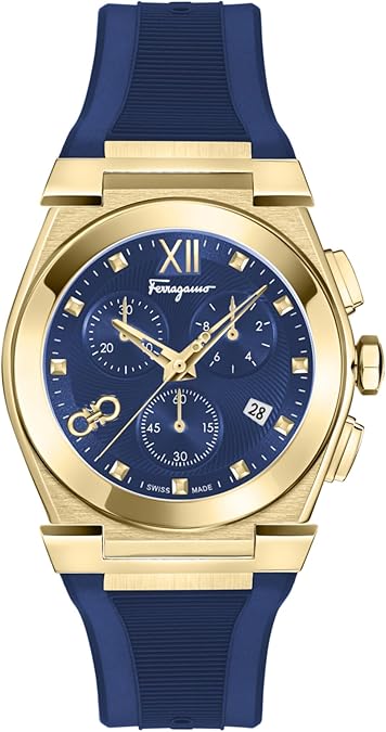 Ferragamo Vega Chrono Collection Luxury Mens Watch Timepieces with a Blue Strap and Dial Featuring a Gold Case