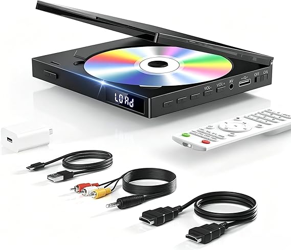 1080P HD Mini DVD Players for TV, All Region Free DVD Player, Supports HDMI/RCA/USB/AUX, Memory Playback & Remote Control, NTSC/PAL