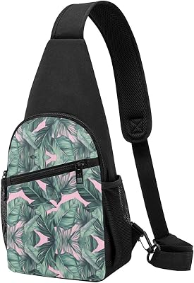 Green Palm Tree Leaves Pink Print Chest Pack Fashion Chest Sling Bag Crossbody Shoulder Backpack Unisex