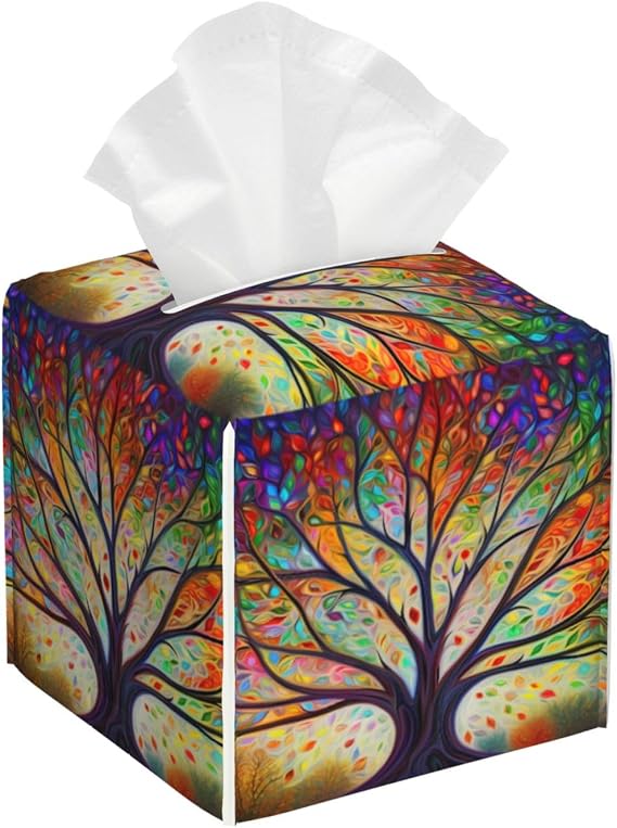 Colorful Trees Lightweight Facial Tissue Box Holder Cube Tissue Boxes Cover, Tree of Life Faux Leather Decorative Napkin Dispenser for Home Office Car