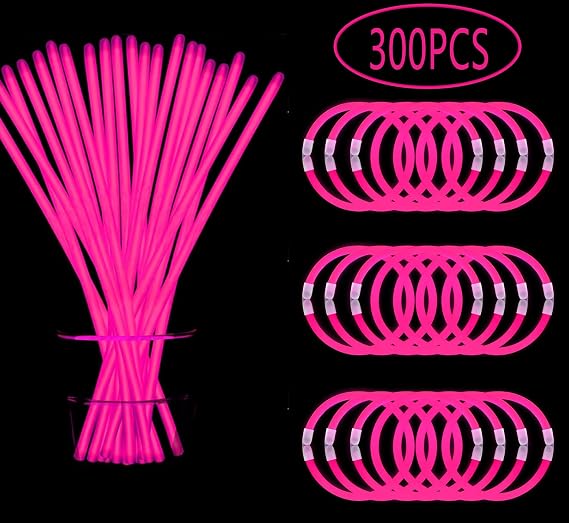 300 PCS Pink Glow Sticks Bulk Glow in the Dark Bracelets and Necklaces with Connectors 8" Glowsticks Light Up Neon Party Favors for New Year Valentines Day Wedding Gender Reveal Birthday