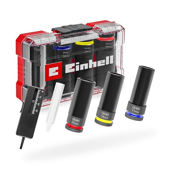 Orijinal Einhell M-CASE Mekanik Darbeli Lokma Seti, 5 Parça (80 mm Lokmalar, Ø 17–21 mm, CrMo Çelik, Diş Derinliği Ölçer, Lastik Tebeşiri,