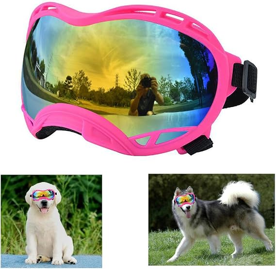 Soft Dog Goggles Large Breed Anti-UV Dog Sunglasses,Large Dog Sunglasses for Medium-Large Dogs Dustproof Windproof Snowproof Sking Dog Eye Protection (Pink Frame & Colored Lens/Small)