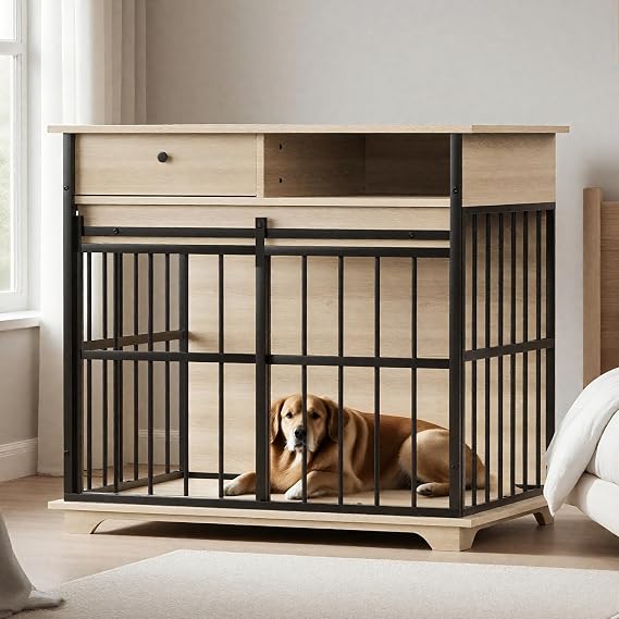 Large Dog Crate Furniture with Removable Tray and Drawer, Dog Kennel Indoor Large for Medium Dogs, Wooden Dog Cage Furniture, Pet House Side End Table (White)