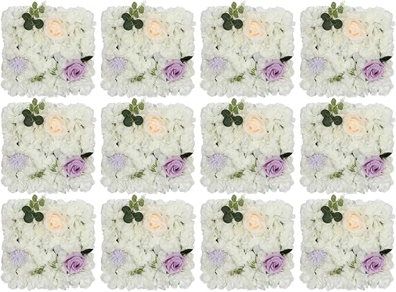 Flower Wall Panel for Flower Wall Backdrop 12PCS 15x15 Inch Artificial Flower Wall Roses Artificial Flowers Backdrop for Wall Decor, Party Wedding Decor (White + Purple)