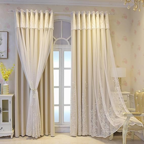 Beydodo Blackout Curtains 95 Inch Length, Darkening Curtains for Bedroom 2 Panels Set with Grommets, Beige with Flowers Embroidered Yarn, Polyester, 52 x 95 inch