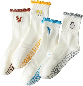 Pilates Grip Socks for Women,Non-Slip Yoga Socks,Ruffle Cute Barre Athletic Crew Grippy Sock Workout Hospital