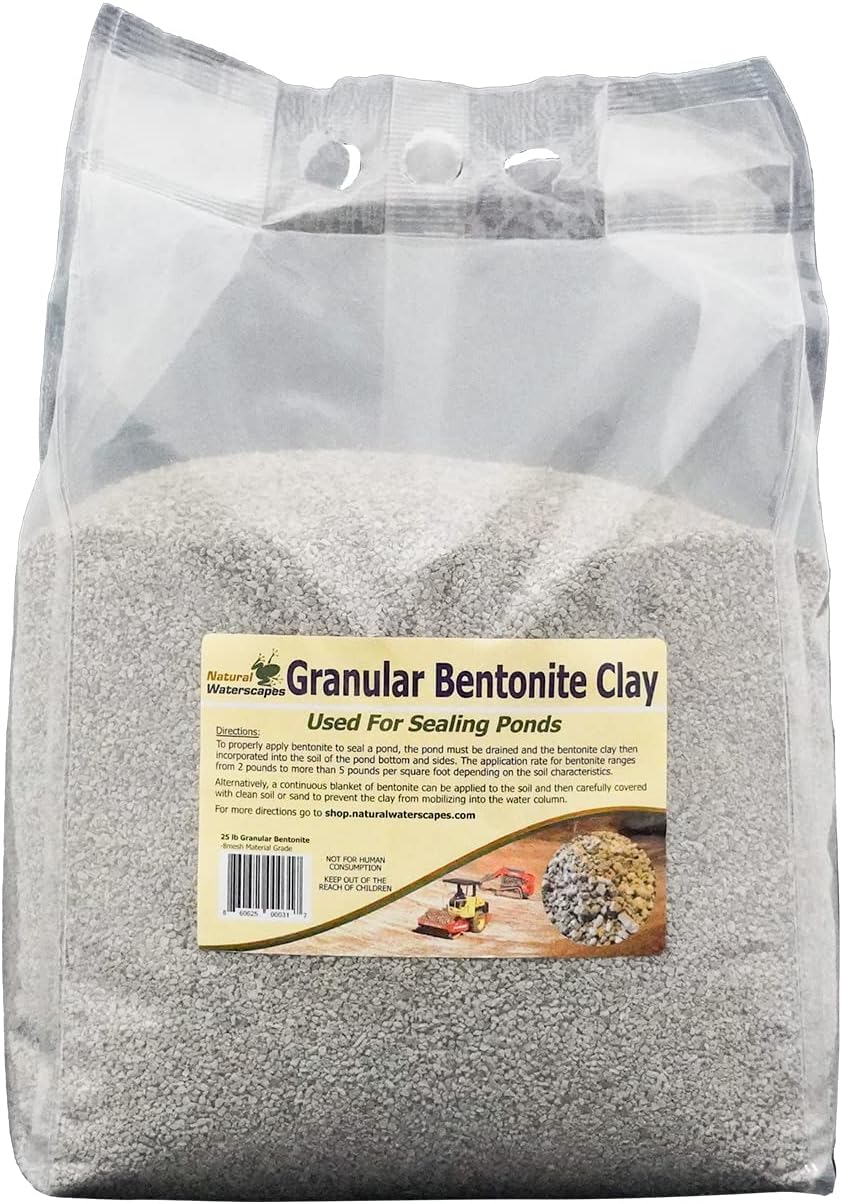Granular Sodium Bentonite Clay for Pond Sealing - Natural Soil Clay Pond Liner 25 Pounds - Blend of Chips and Powder - Use for Pond Leak Repair & Dam Sealer