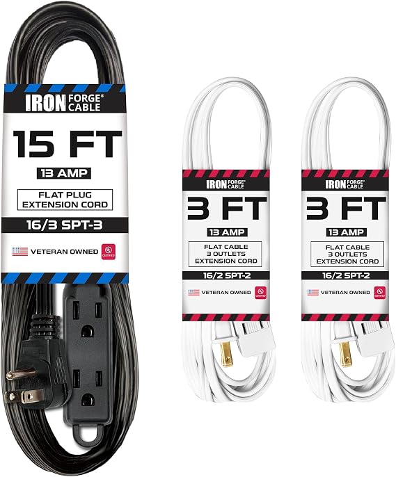 Iron Forge Cable 15 ft Flat Plug Black Extension Cord with 3 Outlets - 16/3 SJTW 3 Prong Indoor Multiple Outlets Power Cable & 2Pk 3ft White Extension Cord 3 Outlet 16/2 SJTW 13AMP Electrical Cable
