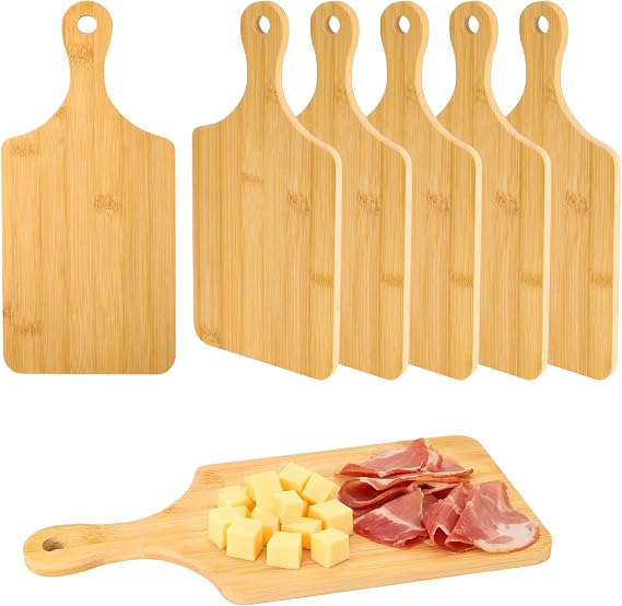 6 Pcs Wood Cutting Board with Handle, Bamboo Chopping Board | 11x5 Inch, Wooden Serving Board, for Pizza, Fruit, Vegetables, Meat, Bread